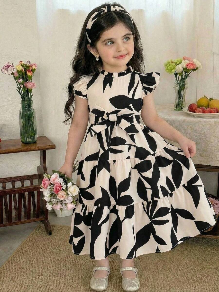 SHEIN LMoss Kids 少女夏季度假风印花荷叶边袖口系带腰部层叠下摆连衣裙 - 彩色 - 查看 1