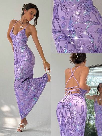 Aloruh فستان حريمي مثير بتطريز بريق وظهر مكشوف، صيفي