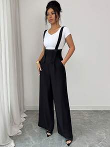 Elenzga New Arrival Black Herringbone Linen French Elegant Fashion Design High Cinched Waist Straight Wide Leg Loose Casual Everyday Versatile Jumpsuit For Women - Black - View 4