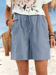 Sylviya Quần short vải lanh màu trơn, kiểu dáng thường ngày. - Màu xanh bụi bặm - Xem 4