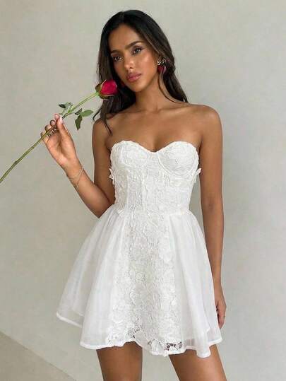 Aloruh This Women's Lace-Embroidered Strapless Mini Dress Features A Romantic, Fitted A-Line Silhouette That Flows Beautifully, Making It An Ideal Choice For The Wedding Season. It's Perfect For Dates, Evening Events, And Summer Wear. It Can Also Be Worn As A Guest Dress For A Honeymoon Or Wedding. Furthermore, It's Suitable For Island Getaways, Weddings, Summer Wear, And As An Elegant Party Or Birthday Dress.