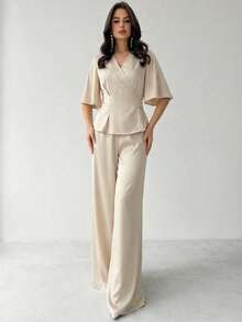 Firerie Women's New Niche Design Elegant Business Casual Commute Versatile Surplice V-Neck Flutter Sleeve Belted Top And Elastic Waist Wide Leg Pants Set - Apricot - View 8