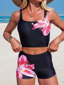 Swim Lushoire Women's Summer Beach Vacation Floral Print Tankini Swimsuit Set - Multicolor - View 9