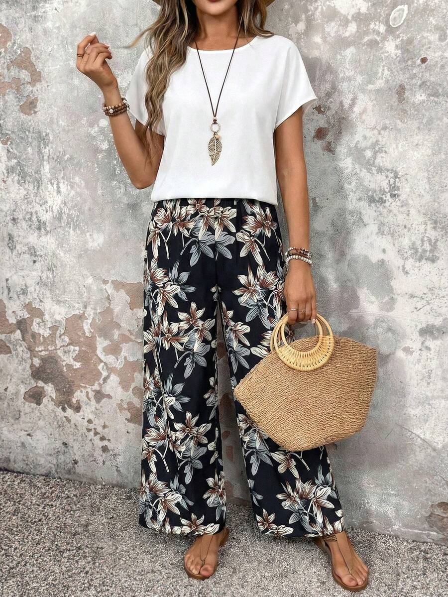 EMERY ROSE 女士纯色圆领短袖上衣和印花阔腿裤套装，夏季两件套 - 黑與白 - 查看 1