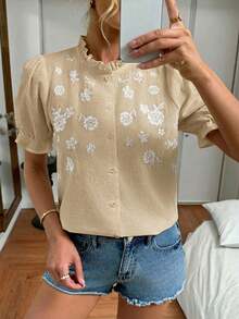 Easowa 女士休闲刺绣纯棉白衬衫，适合度假穿着 - 卡其色 - 查看 5