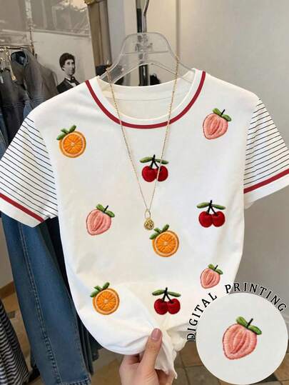 Resyla Collar Contrast Fruit Embroidery Striped Short-Sleeved T-Shirt Cute Cherry And Peach Summer Casual T-Shirt Y2K Style Fruit Pattern Contrast Collar Top Sweet Fruit Striped Short-Sleeved T-Shirt Fashion Contrast Fruit Pattern Casual T-Shirt