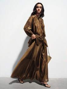 Aveloria Modichic Bộ 2 món gồm áo tay phồng rộng và chân váy dáng suông, chất liệu vải Tencel mỏng nhẹ, kiểu dáng tối giản thoải mái. - Cà phê nâu - Xem 7