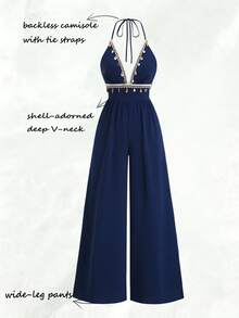 Olithes Bộ jumpsuit phong cách Bohemian hở lưng, cạp cao, ống rộng, viền tua rua đính hạt, cổ chữ V khoét sâu, dáng suông thoải mái, thích hợp mặc đi biển trong kỳ nghỉ. - Màu xanh hải quân - Xem 3