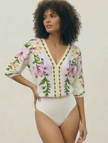 CAJUNI 女士印花V领无袖露背系带连体衣，时尚度假之选 - 米色 - 查看 3