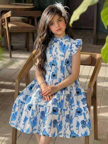 SHEIN LMoss Kids 女童雪纺碎花蝴蝶结圆领荷叶边下摆休闲连衣裙 - 彩色 - 查看 10