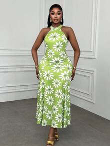 Xyvia 女士绿色印花无袖高领收腰修身A字连衣裙，优雅设计，适合情人节、复活节、劳动节、生日、约会、派对、正式场合、教师装、旅行、春夏穿着。 - 綠色 - 查看 4