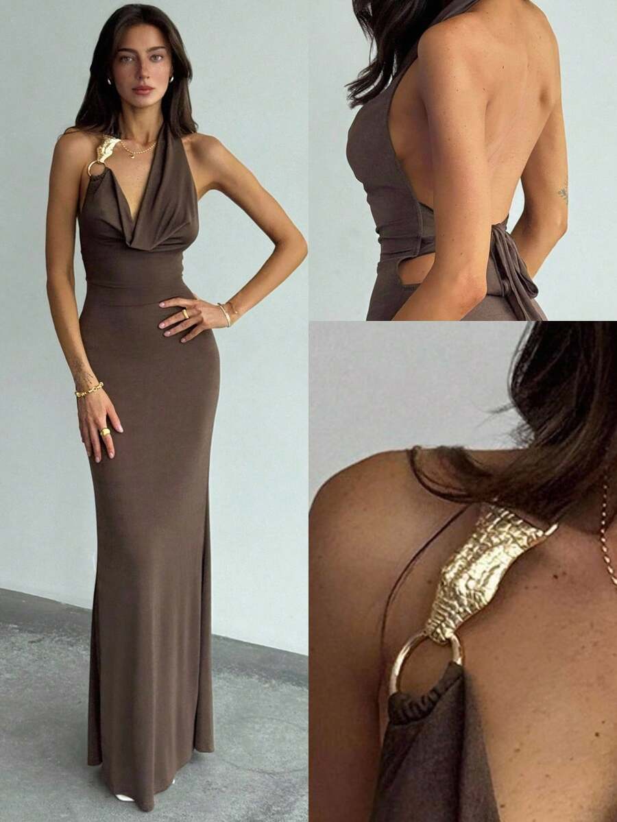 Aloruh Women's Elegant Coffee Brown Summer Backless Sleeveless Dress,Metal Decor Snake Ring Splicing Bodycon Long Dress For Dining,Beach Vacation,Tea Party