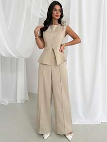 Firerie 女士优雅简约精致浪漫时尚通勤都市现代新款潮流不对称领3D立体花卉金属纽扣收腰袖西装外套和高腰阔腿卡其色套装，2件套 - 卡其色 - 查看 3