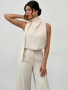 Firerie Women's Elegant Minimalist Fashion Commuter Urban Chic New Daily Casual Flowy Collar Sleeveless Blouse And High Waist Long Pants Apricot 2-Piece Set - Apricot - View 1