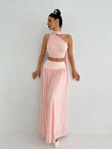 Firerie 女士优雅春夏浪漫海滩度假婚礼宾客伴娘约会派对生日舞会飘逸不对称上衣和高腰薄纱裙两件套，粉色 - 粉色 - 查看 6