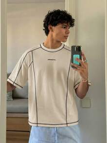 Manfinity Unisex 男士针织休闲日常宽松短袖T恤 - 卡其色 - 查看 4