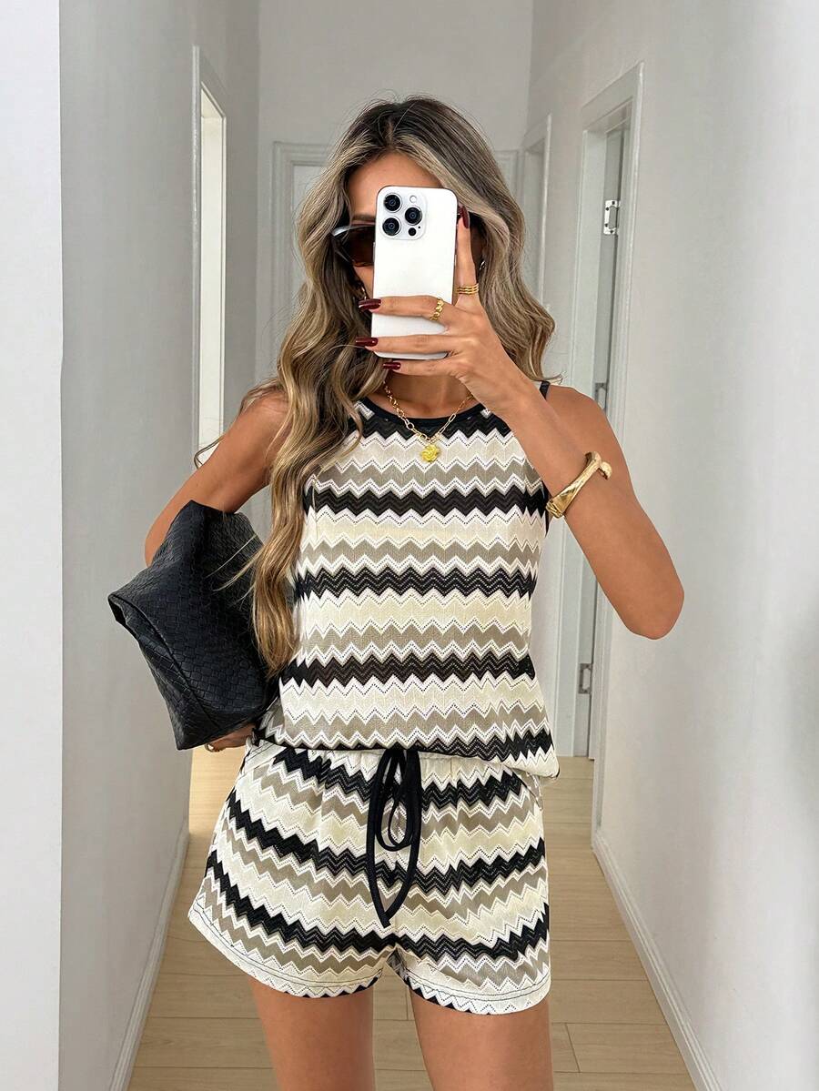 Easowa 休闲条纹吊带背心短裤套装，春夏款 - 彩色 - 查看 1