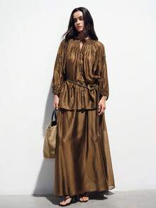 Aveloria Modichic Bộ 2 món gồm áo tay phồng rộng và chân váy dáng suông, chất liệu vải Tencel mỏng nhẹ, kiểu dáng tối giản thoải mái. - Cà phê nâu - Xem 5