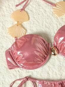 Bonvoyette New Women's Shell Ruched Shiny Tankini Bikini Set Set With Long Skirt - Pink - View 4