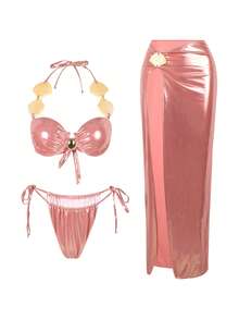 Bonvoyette New Women's Shell Ruched Shiny Tankini Bikini Set Set With Long Skirt - Pink - View 7
