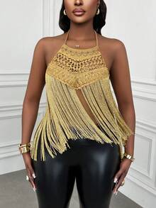 Xyvia 女士夏季外出、约会、新年、情人节、复活节、母亲节、音乐节、中东风情、婚礼、时尚、休闲、简约、度假、性感亮片针织露背系带流苏常规吊带背心，金色 - 金色 - 查看 5