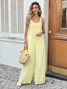 SHEIN LUNE 女士休闲纹理连体裤，适合夏季度假、通勤和日常穿着，无袖宽松款 - 淡黃色 - 查看 4