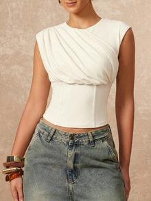 Lumalex 女士休闲圆领褶皱腰部短袖上衣 - 杏色 - 查看 6