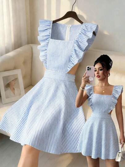 Elenzga Women's Casual Commuter Striped Ruffle Hem Sleeveless Dress, Summer