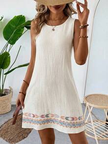 EMERY ROSE Summer Casual Beach Vacation Cotton Linen Textured Apricot Sleeveless Shift Dress For Women Women Sundress Summer Boho Summer Dress Women Summer Casual Dress Casual Sundress - Beige - View 7