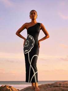 CAJUNI Vestido casual de fiesta con estampado floral y drapeado para mujer - Negro - Ver 3