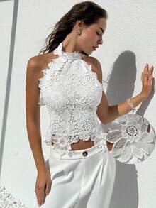 Aloruh 女士优雅性感纯色蕾丝露背吊带上衣，夏季海滩度假波西米亚热带风情婚礼周年纪念伴娘派对约会性感婚礼宾客女士新娘送礼会白色优雅端庄仙气可爱夏季上衣夜间外出 - 白色 - 查看 2