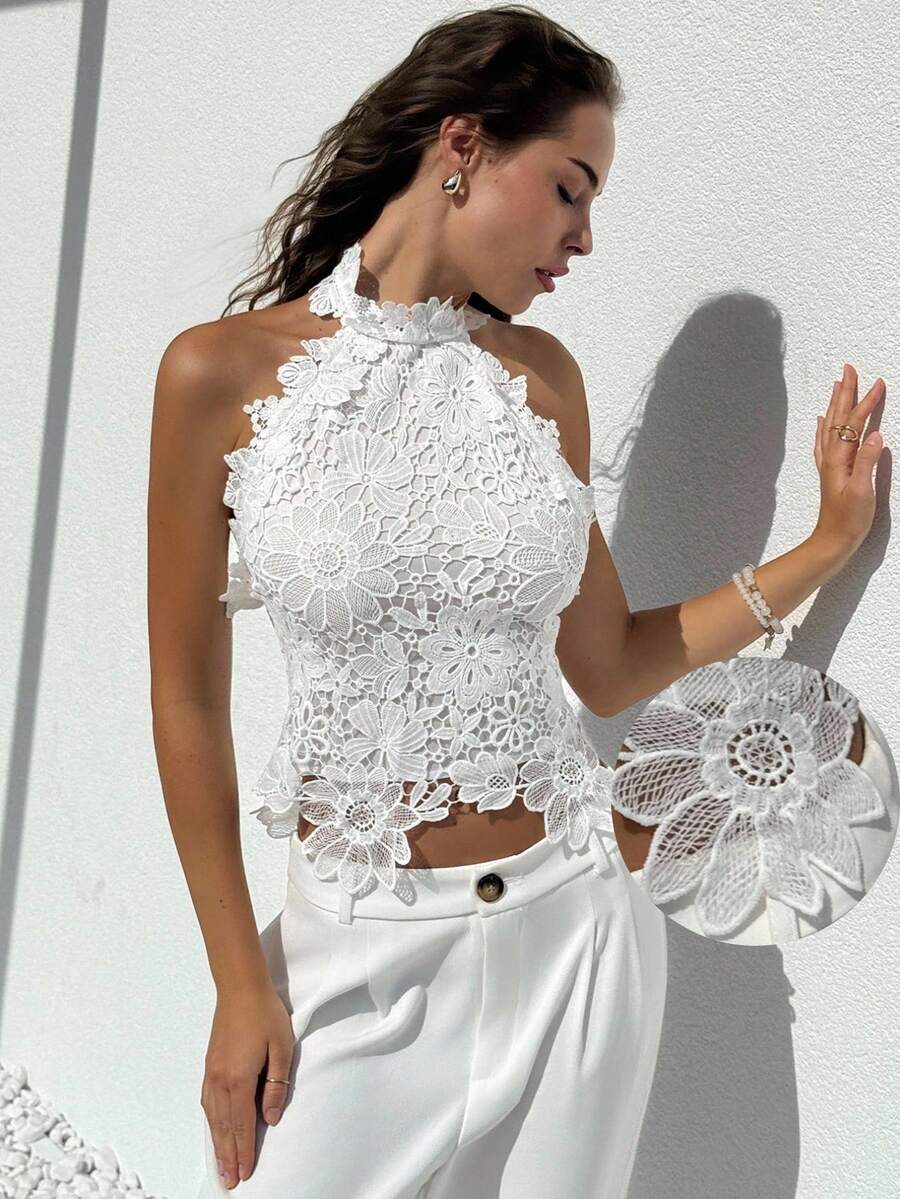Aloruh 女士优雅性感纯色蕾丝露背吊带上衣，夏季海滩度假波西米亚热带风情婚礼周年纪念伴娘派对约会性感婚礼宾客女士新娘送礼会白色优雅端庄仙气可爱夏季上衣夜间外出