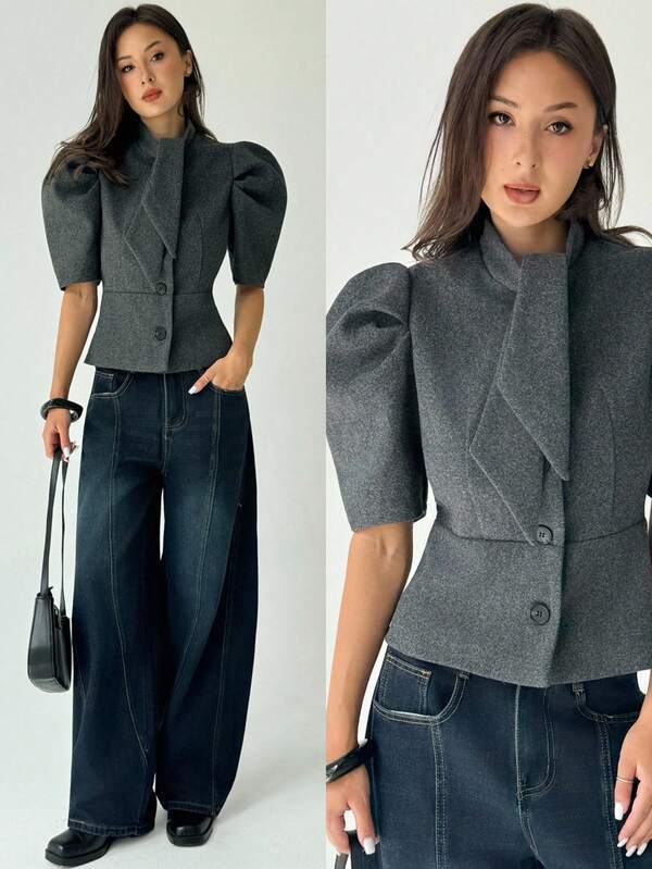 Aloruh Women's Grey Short Puff Sleeve Single-Breasted Bow Collar Fashion Coat Fall Women Winter Blazer For Women Dark Gray Coat With Wide Shoulders And Scarf, Short Style, Elegant Autumn And Winter Coat Fall Fall For Women All Women Fall For Women Fall Autumn Women's Fall Winter For Women Winter For Women For Women Winter Jacket Women Homecoming School Teacher For Women's Coat Chic Autumn