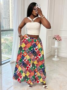 Xyvia Women's Red And Yellow Plaid Digital Print Flared Skirt,Summer Boho Beach Holiday Casual Loose Relaxed Travel Street Style Chic Carnival Labor Day - Multicolor - View 4