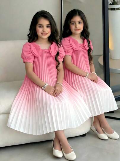 SHEIN Girls' Summer New Bowknot Decor Puff Sleeve French Style Ombre Pleated Loose Casual Dress