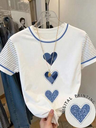 Resyla Y2K Style Heart-Shaped Pattern Casual T-Shirt Sweet Heart-Shaped Patch Color-Striped Short-Sleeved Top Fashionable Blue Heart-Shaped Pattern Striped Short-Sleeved Summer T-Shirt Cute Heart-Shaped Applique Color-Block Collar Casual T-Shirt