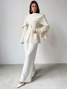 Firerie 女士优雅简约时尚通勤都市风新街头风日常百搭V领围巾金属扣长袖束腰白色西装外套 - 白色 - 查看 5