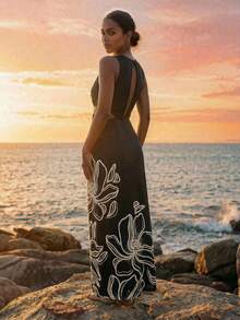 CAJUNI Vacation Beach Floral Print Hollow Out Sleeveless Dress, Long Beach Dress For Woman - Black - View 2