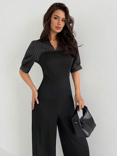 Firerie Women's Elegant Minimalist Fashion Commuter Urban Chic New Striped Bandeau 2 In 1 Short Sleeve High Waist Black Wide Leg Jumpsuit, Spring/Summer