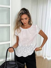 Easowa 女士花卉刺绣圆领短袖宽松休闲衬衫 - 白色 - 查看 5