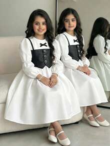 Bộ 2 váy dài tay kèm áo yếm cho bé gái, kiểu dáng công chúa ngọt ngào, thích hợp mặc hàng ngày hoặc đi học, mùa xuân/thu. - Đen và trắng - Xem 1
