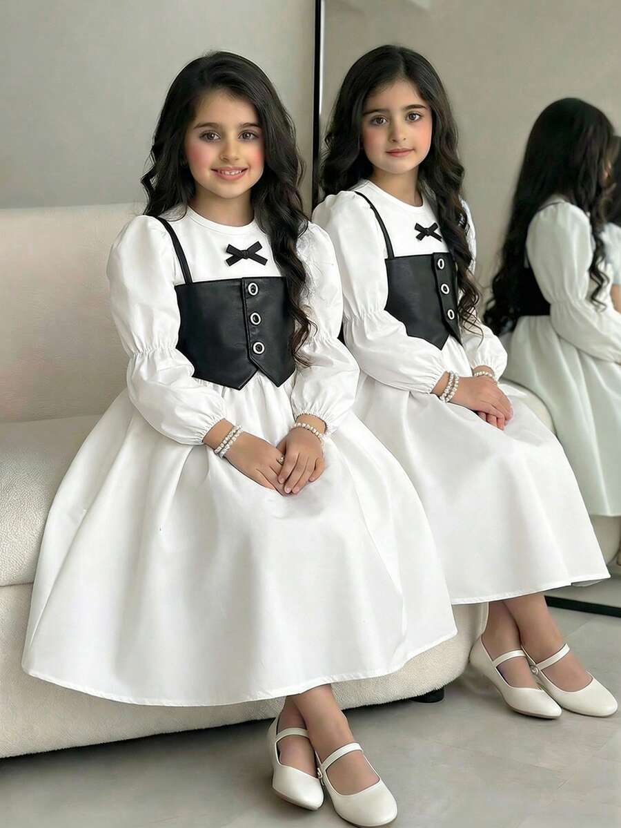 Bộ 2 váy dài tay kèm áo yếm cho bé gái, kiểu dáng công chúa ngọt ngào, thích hợp mặc hàng ngày hoặc đi học, mùa xuân/thu. - Đen và trắng - Xem 1