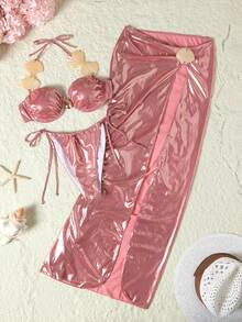 Bonvoyette New Women's Shell Ruched Shiny Tankini Bikini Set Set With Long Skirt - Pink - View 3