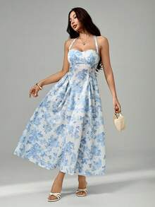 SHEIN PETITE Women's Romantic Floral Print Halter Mid-Length Dress - Blue and White - View 1