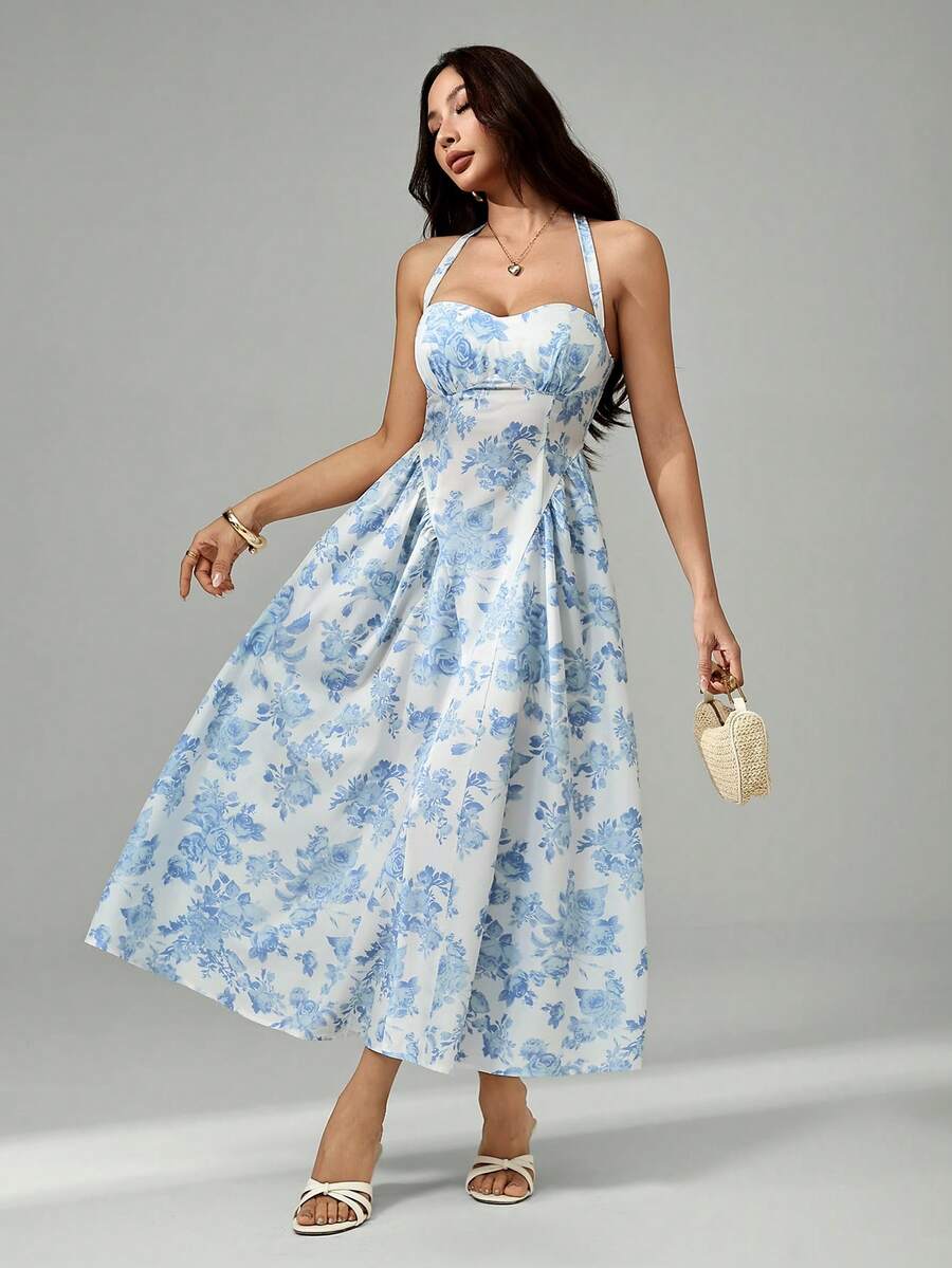 SHEIN PETITE Women's Romantic Floral Print Halter Mid-Length Dress - Blue and White - View 1