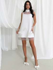 Firerie 优雅浪漫精致氛围情人节约会派对舞会婚礼宾客假日V领羽毛装饰网纱透视A字白色迷你连衣裙 - 白色 - 查看 1