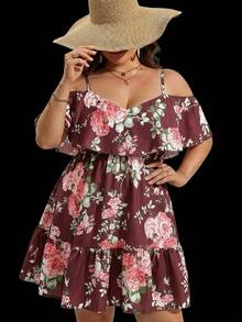 SHEIN VCAY Đầm dự tiệc/hẹn hò thời trang trễ vai xếp nếp in hoa dành cho nữ cỡ lớn - Màu Đỏ Sâu - Xem 6