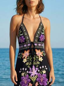 CAJUNI Vestido halter sexy con cuello en V profundo, cintura con lazo y estampado floral, para vacaciones - Multicolor - Ver 5