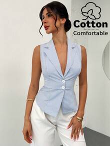 Firerie 女士优雅简约时尚通勤都市现代休闲蓝白条纹缺角领收腰纽扣背心 - 藍白色 - 查看 8