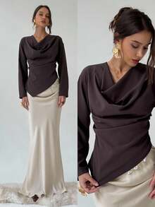 Aloruh 女士优雅纯色不对称下摆衬衫，适合秋季穿着，适合所有女性，秋季女装，秋季教师装，教师衬衫，商务休闲女装，商务休闲女装，商务休闲女装，办公室通勤，棕色衬衫，修身气质，不对称下摆，秋季上衣，优雅女式衬衫，时尚女式衬衫，棕色衬衫 - 咖啡棕 - 查看 2